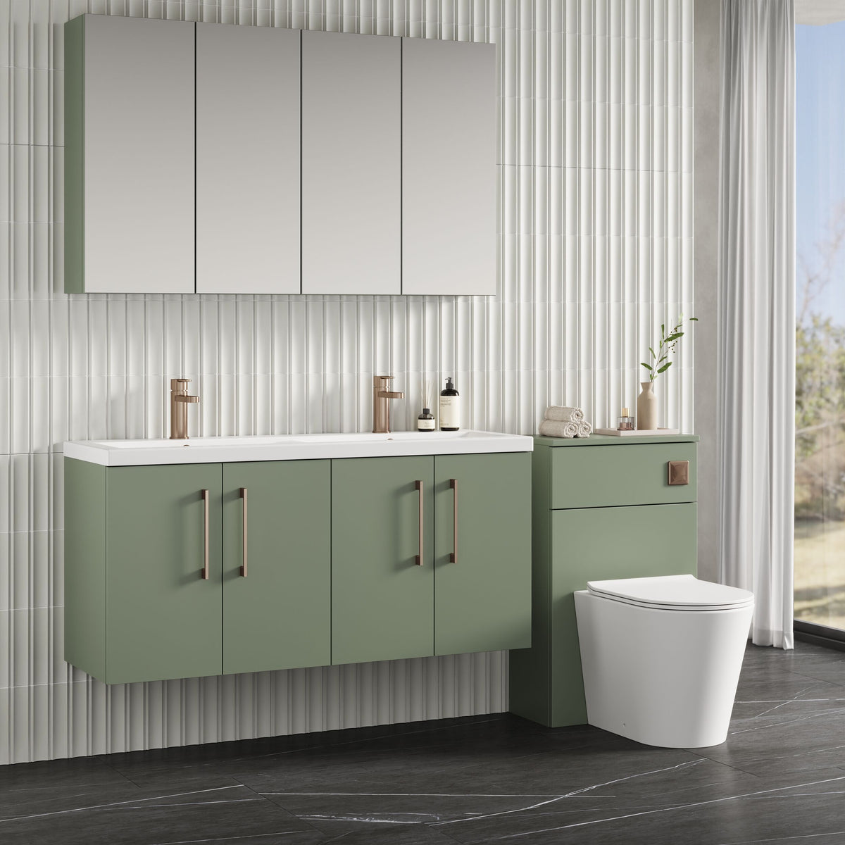 Modern Splash 1200mm Satin Green 4 Door Wall Hung Vanity Unit With 2 Tap Hole Ceramic Basin