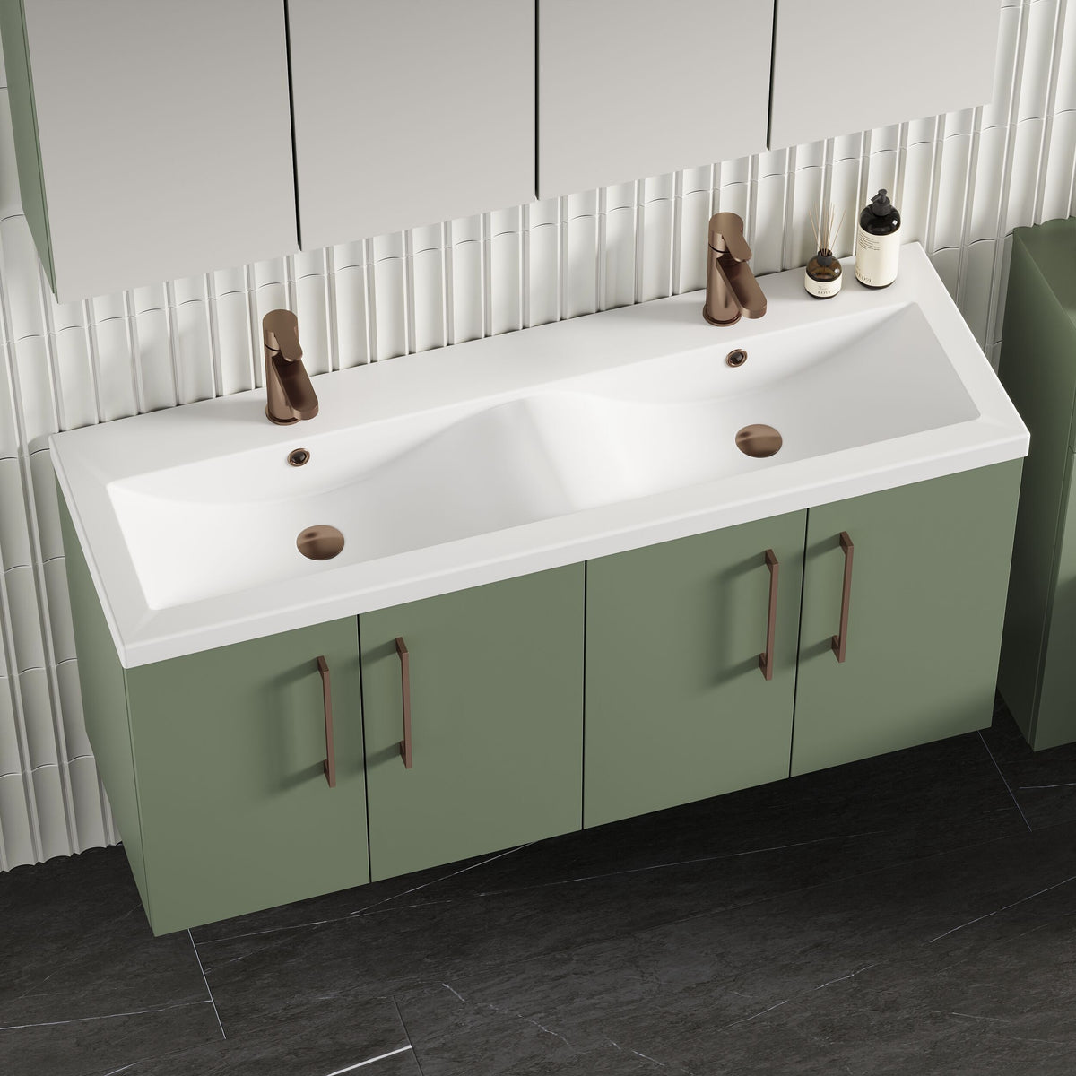 Modern Splash 1200mm Satin Green 4 Door Wall Hung Vanity Unit With 2 Tap Hole Ceramic Basin