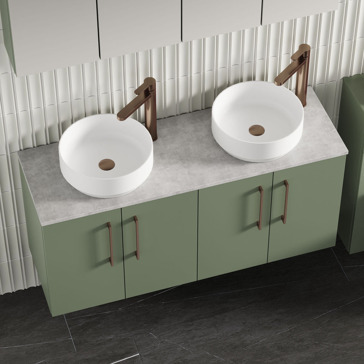 Modern Splash 1200mm Satin Green  2 Door Wall Hung Vanity Unit With Bellato Grey Worktop