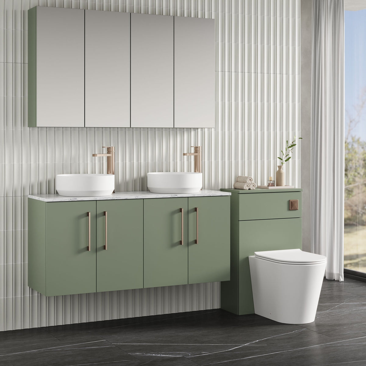 Modern Splash 1200mm Satin Green 4 Door Wall Hung Vanity With Carrara Laminate Worktop