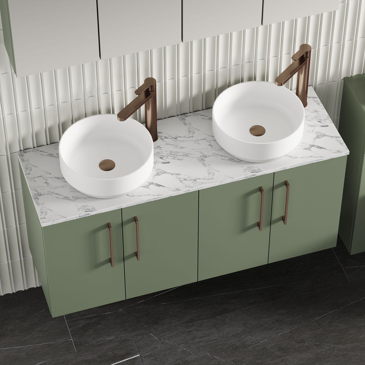 Modern Splash 1200mm Satin Green 4 Door Wall Hung Vanity With Carrara Laminate Worktop