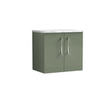 Modern Splash 600mm Satin Green 2 Door Wall Hung Vanity Unit With Carrara Laminate Worktop
