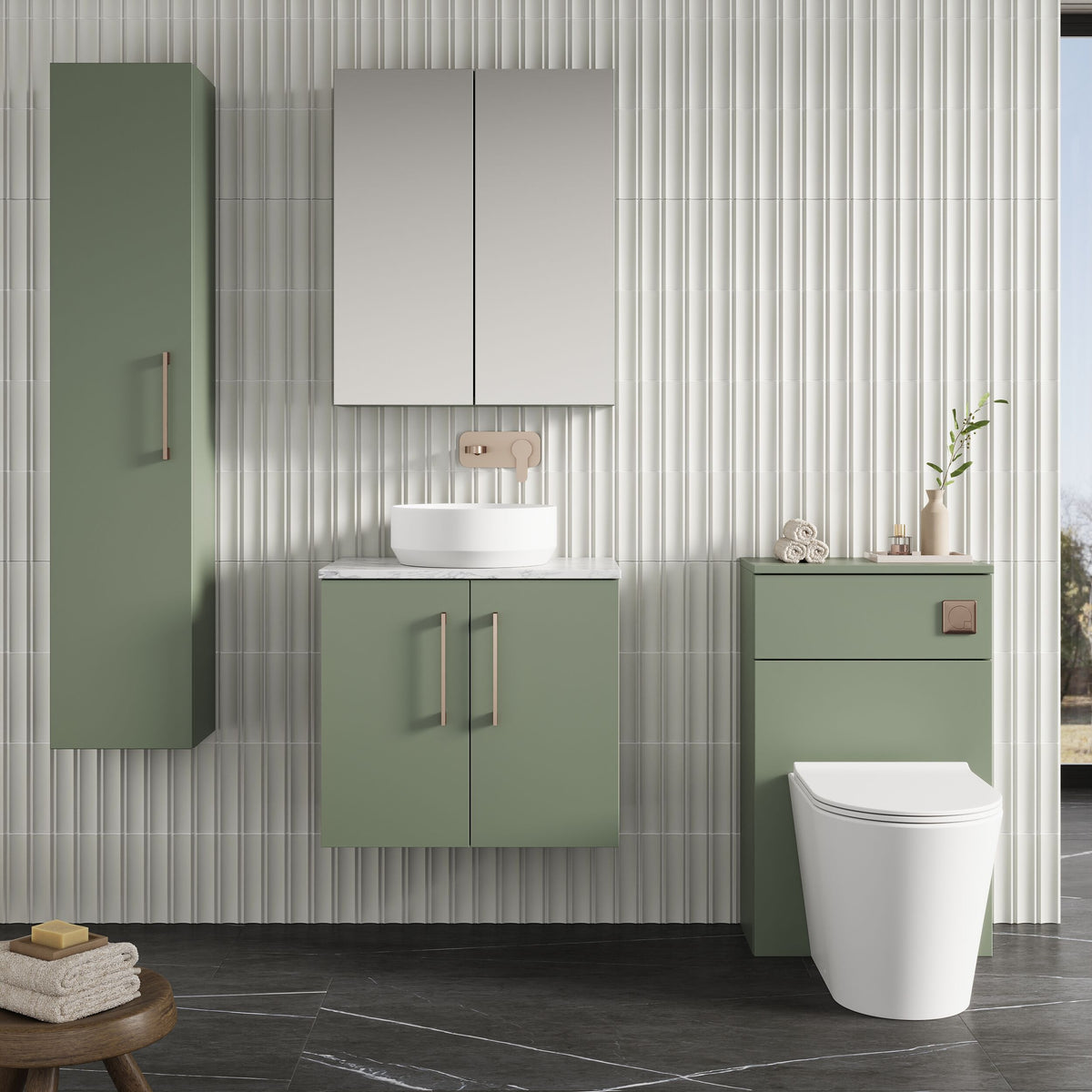 Modern Splash 600mm Satin Green 2 Door Wall Hung Vanity Unit With Carrara Laminate Worktop