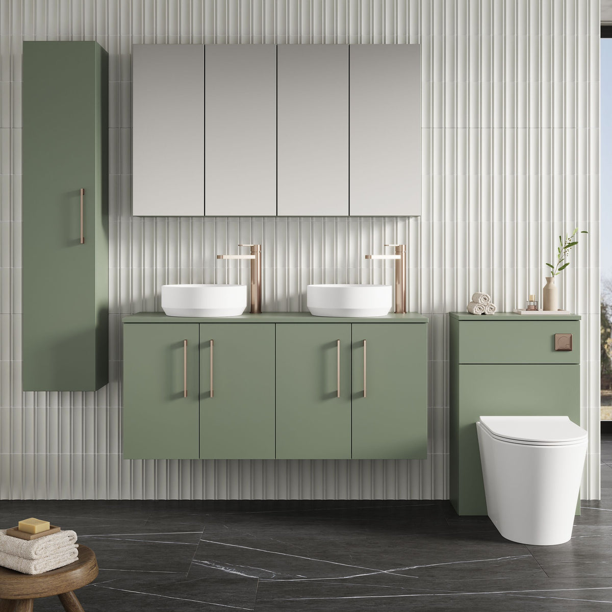 Modern Splash 1200mm Satin Green 2 Door Wall Hung Vanity Unit With Co-ordinating Worktop