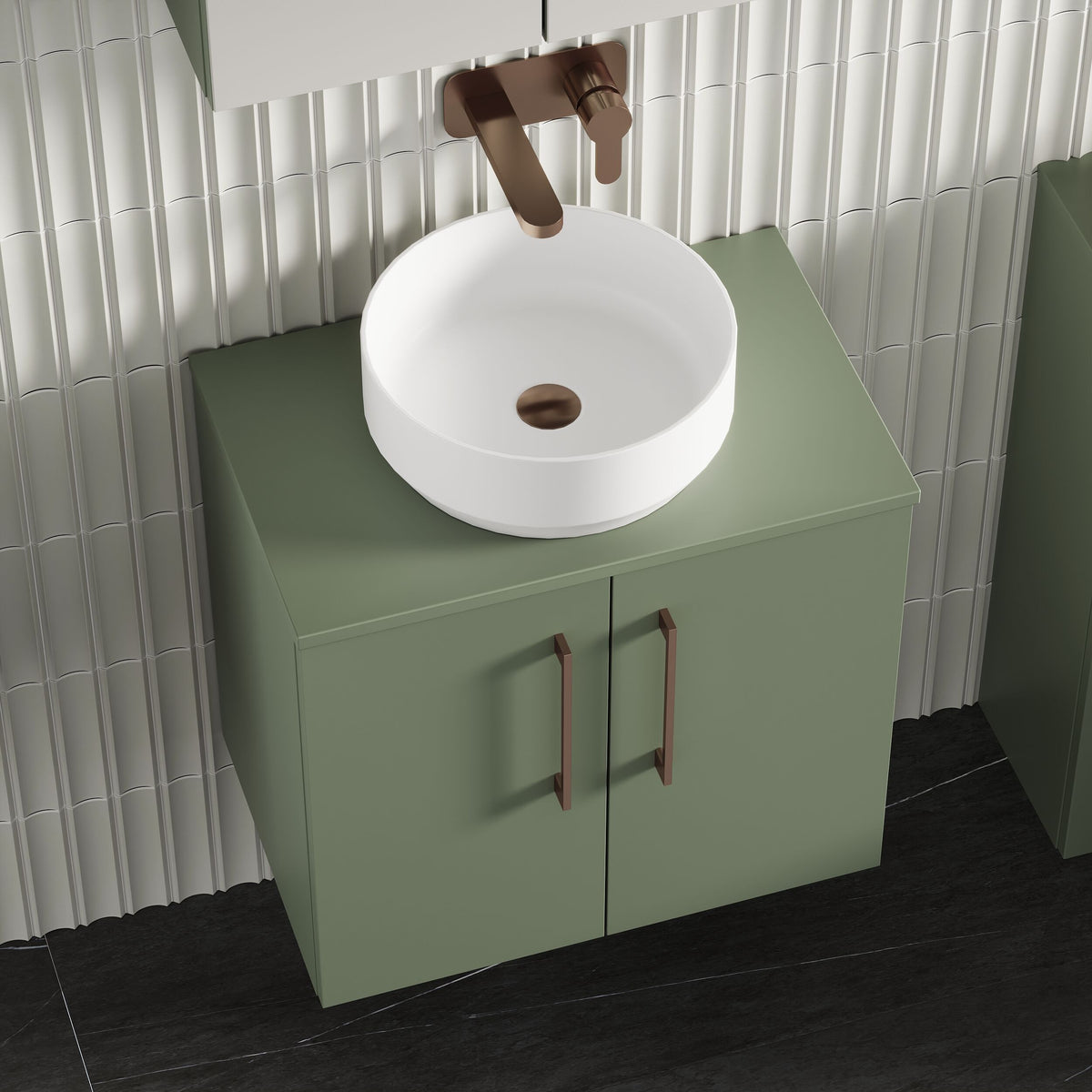 Modern Splash 600mm Satin Green  2 Door Wall Hung Vanity Unit With Co-ordinating Worktop