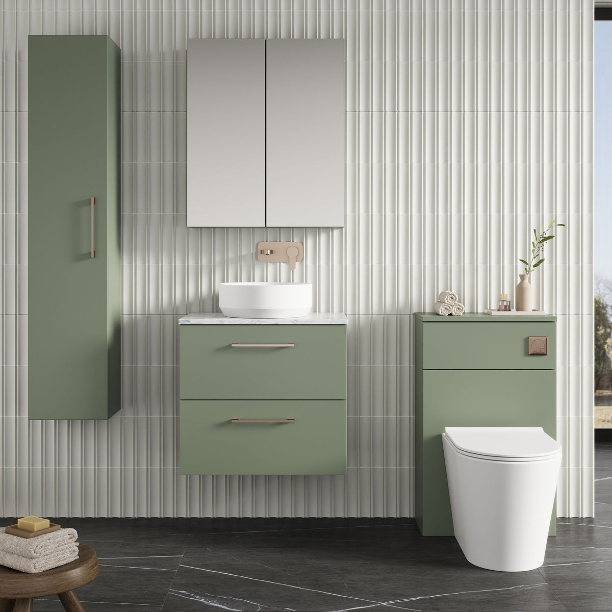 Modern Splash 600mm Satin Green 2 Drawer Wall Hung Vanity Unit With Carrara Laminate Worktop