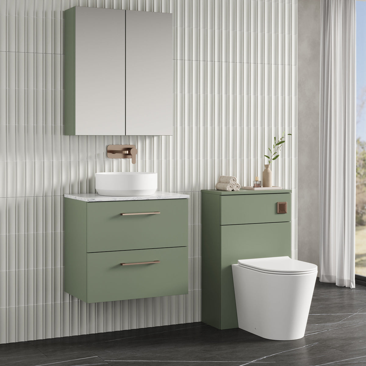 Modern Splash 600mm Satin Green 2 Drawer Wall Hung Vanity Unit With Carrara Laminate Worktop