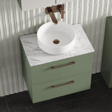 Modern Splash 600mm Satin Green 2 Drawer Wall Hung Vanity Unit With Carrara Laminate Worktop