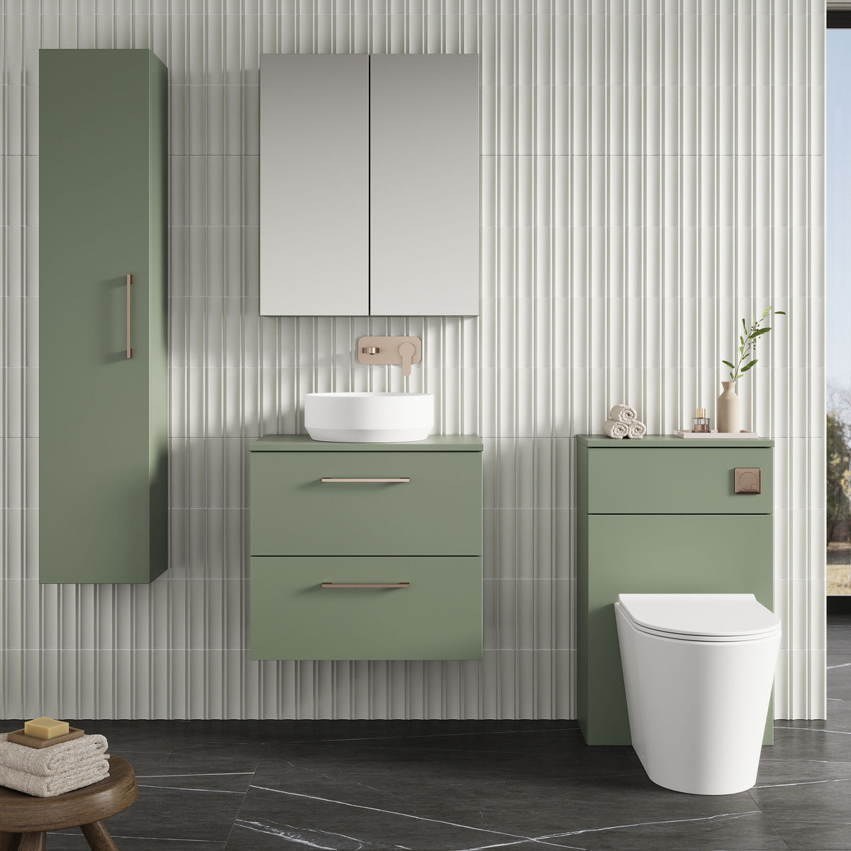 Modern Splash 600mm Satin Green 2 Drawer Wall Hung Vanity Unit With Co-ordinating Worktop