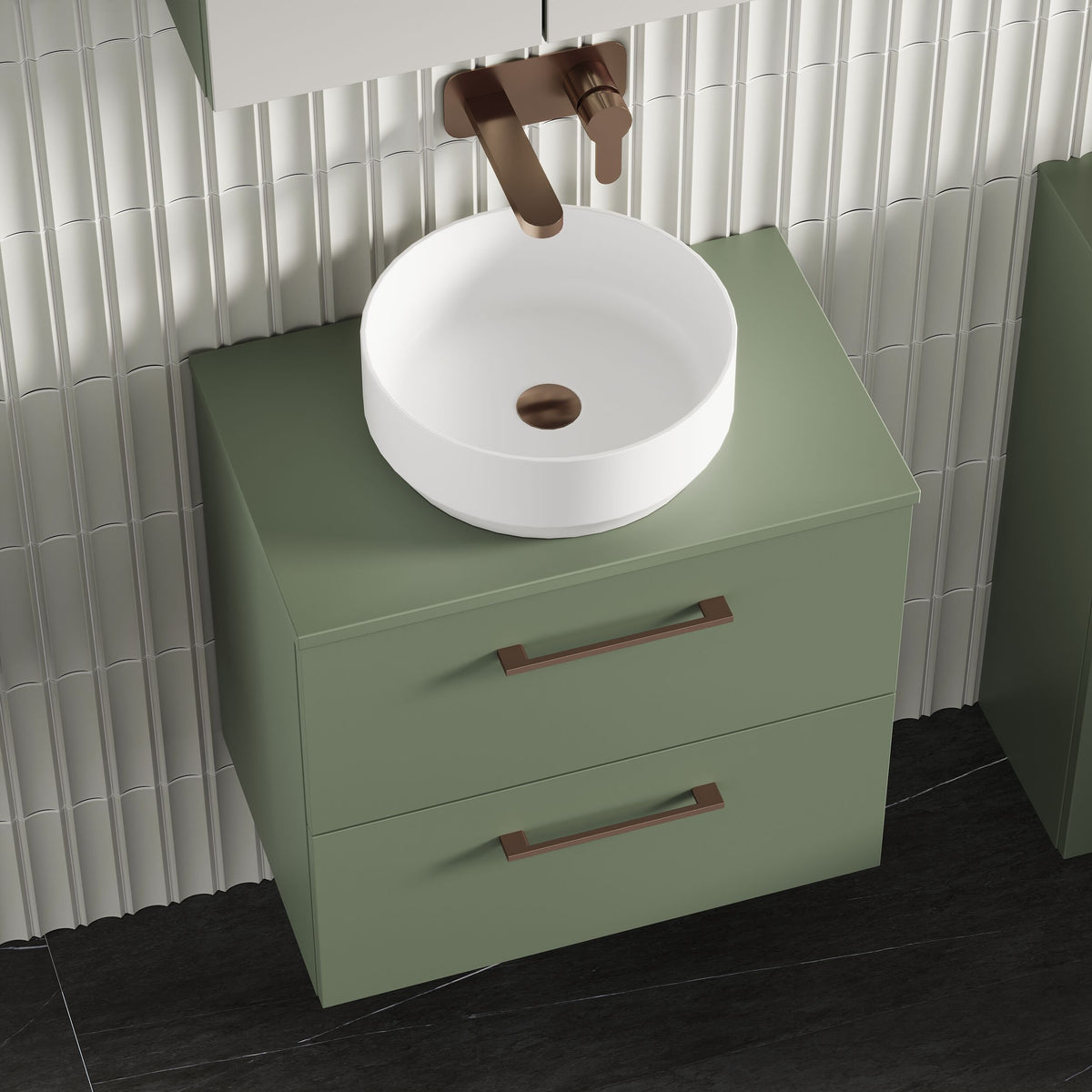 Modern Splash 600mm Satin Green 2 Drawer Wall Hung Vanity Unit With Co-ordinating Worktop