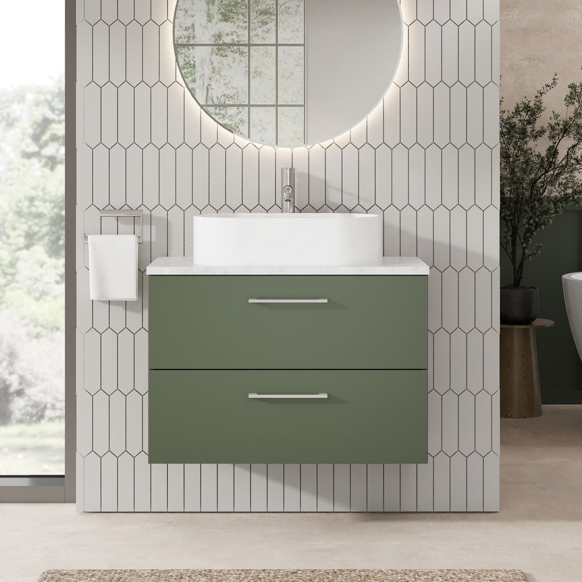 Modern Splash 800mm Satin Green 2 Drawer Wall Hung Vanity Unit With Bellato Grey Worktop