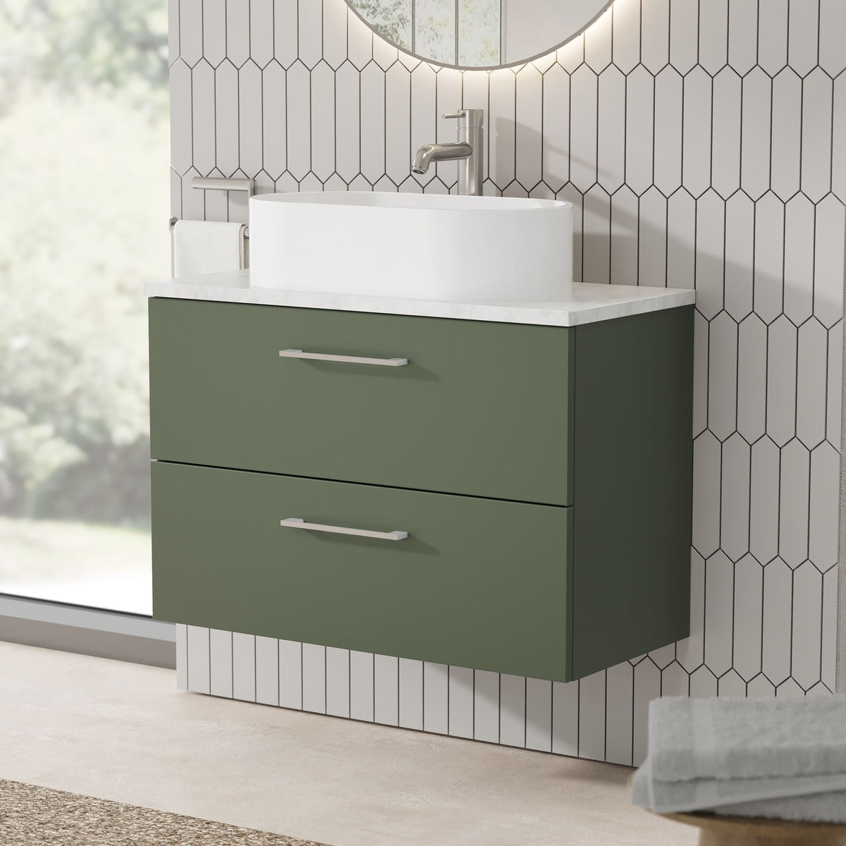 Modern Splash 800mm Satin Green 2 Drawer Wall Hung Vanity Unit With Bellato Grey Worktop