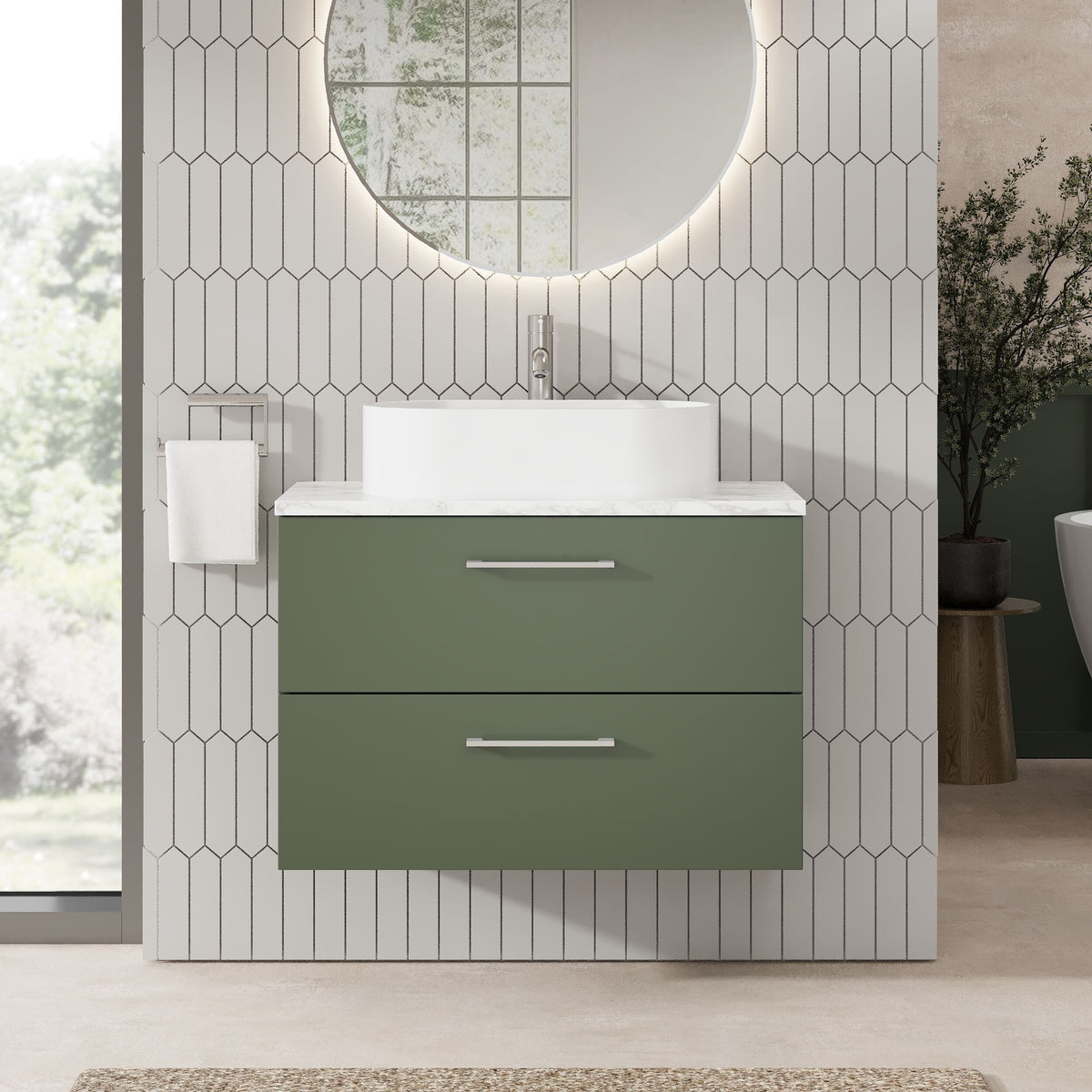 Modern Splash 800mm Satin Green 2 Drawer Wall Hung Vanity Unit With Carrara Laminate Worktop