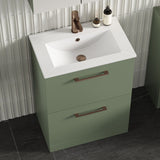 Modern Splash 600mm Satin Green 2 Drawer Floor Standing Vanity Unit With Minimalist Basin