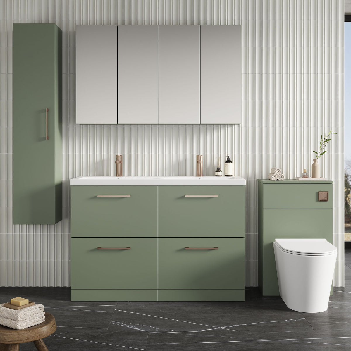 Modern Splash 1200mm Satin Green 4 Drawer Floor Standing Vanity Unit With 2 Tap Hole Ceramic Basin