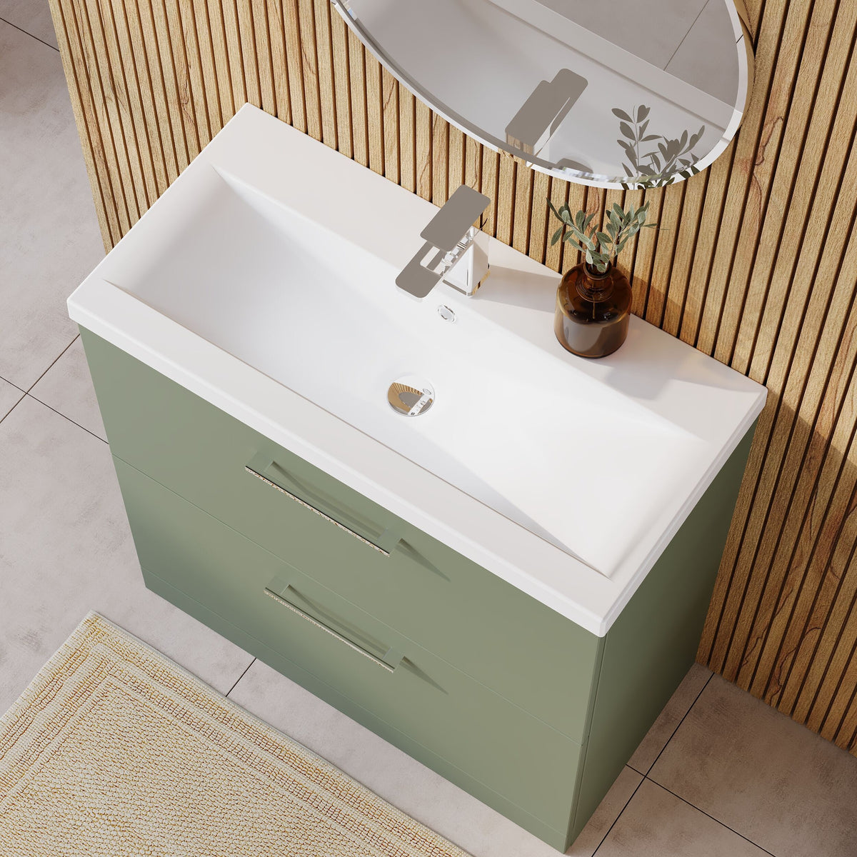 Modern Splash 800mm Satin Green 2 Drawer Floor Standing Vanity Unit With Mid-Edge Basin