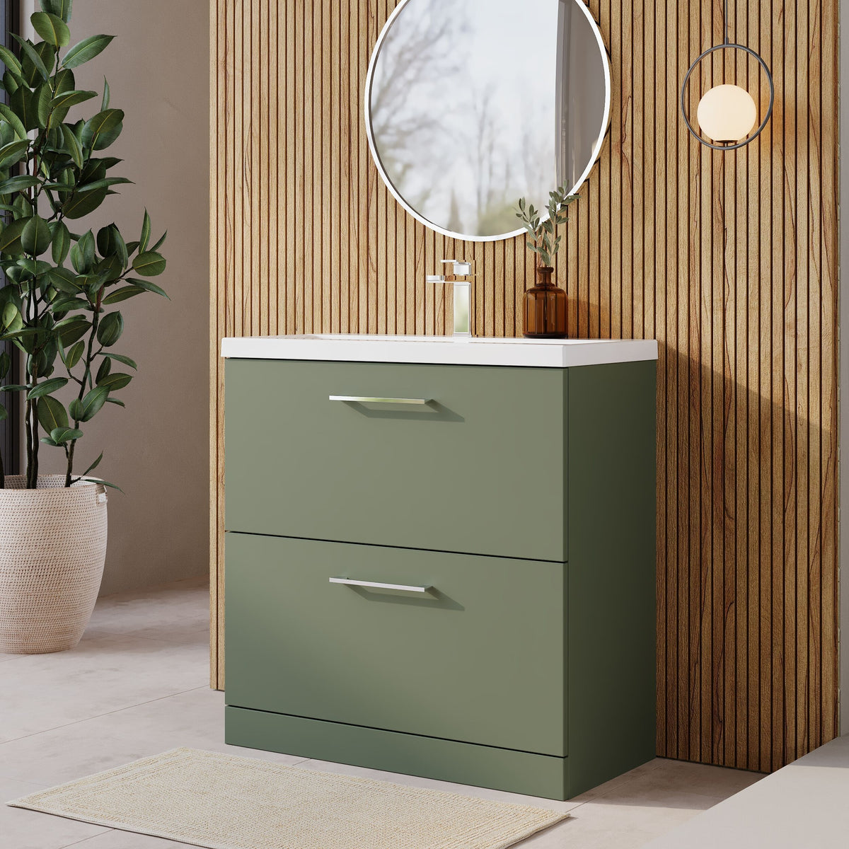 Modern Splash 800mm Satin Green 2 Drawer Floor Standing Vanity Unit With Mid-Edge Basin
