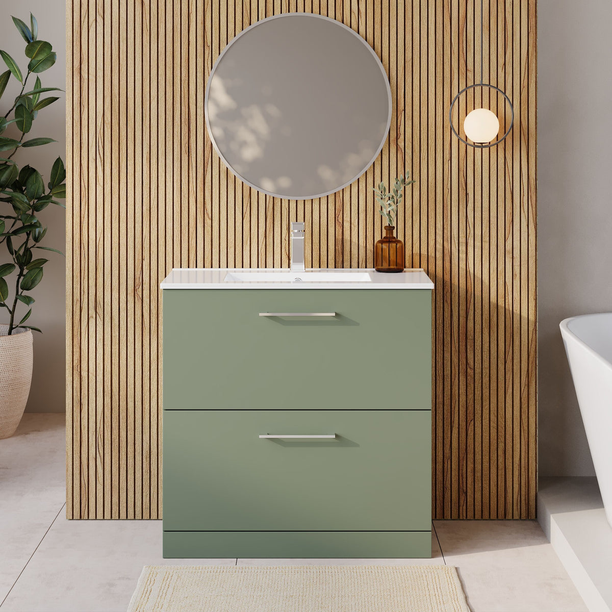 Modern Splash 800mm Satin Green 2 Drawer Floor Standing Vanity Unit With Minimalist Basin