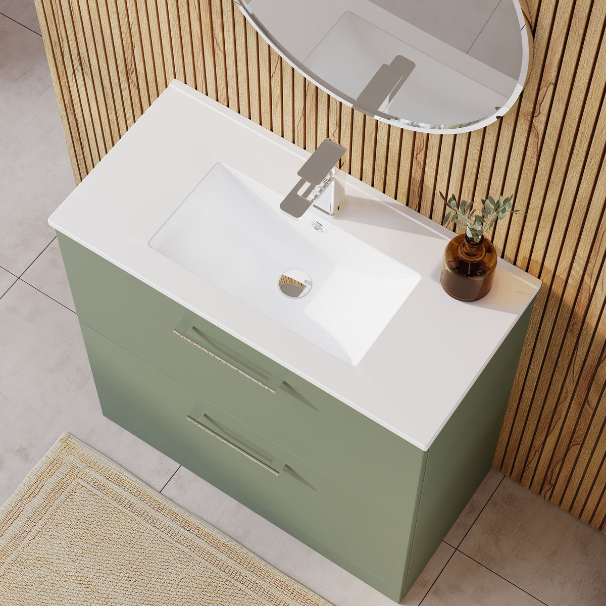 Modern Splash 800mm Satin Green 2 Drawer Floor Standing Vanity Unit With Minimalist Basin