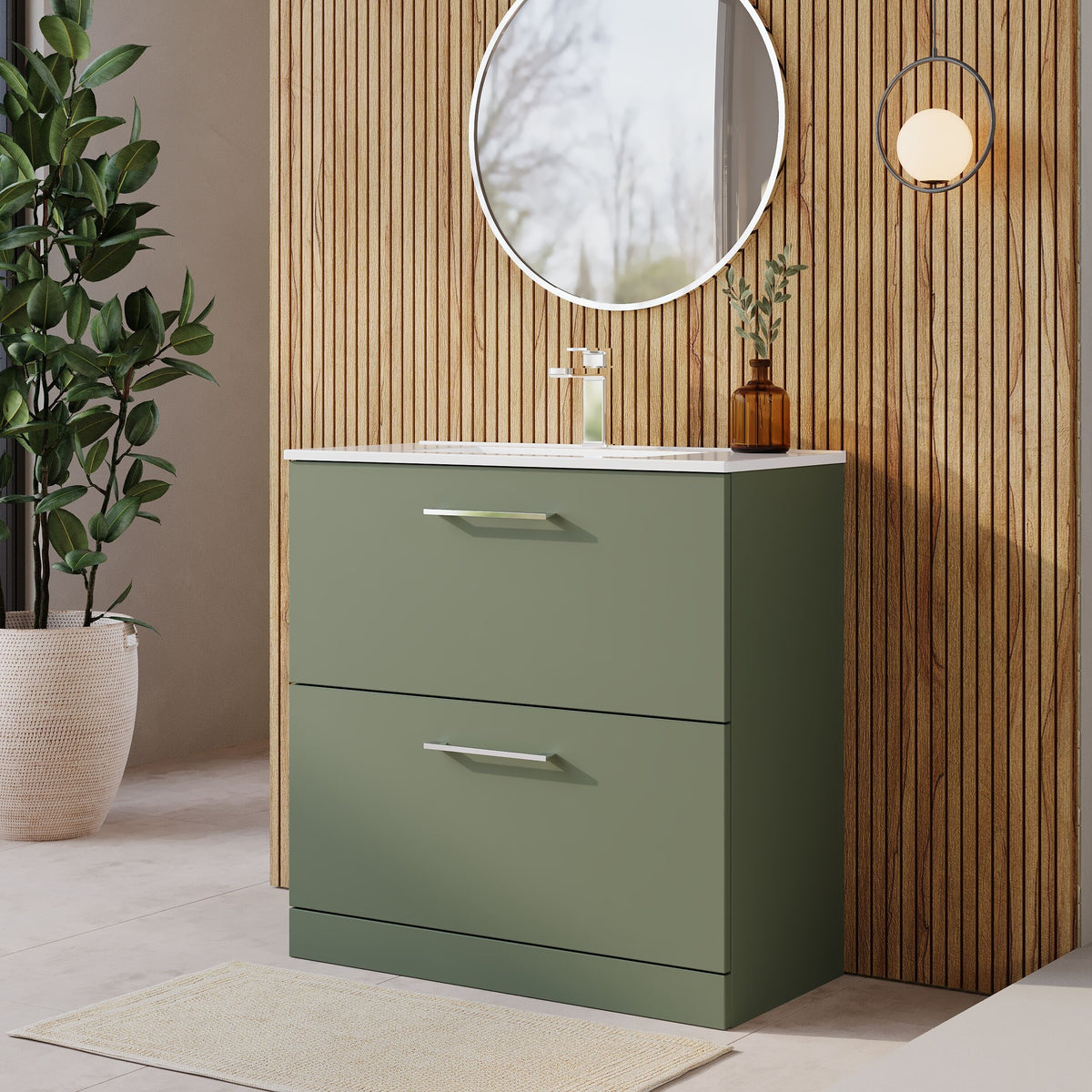 Modern Splash 800mm Satin Green 2 Drawer Floor Standing Vanity Unit With Minimalist Basin