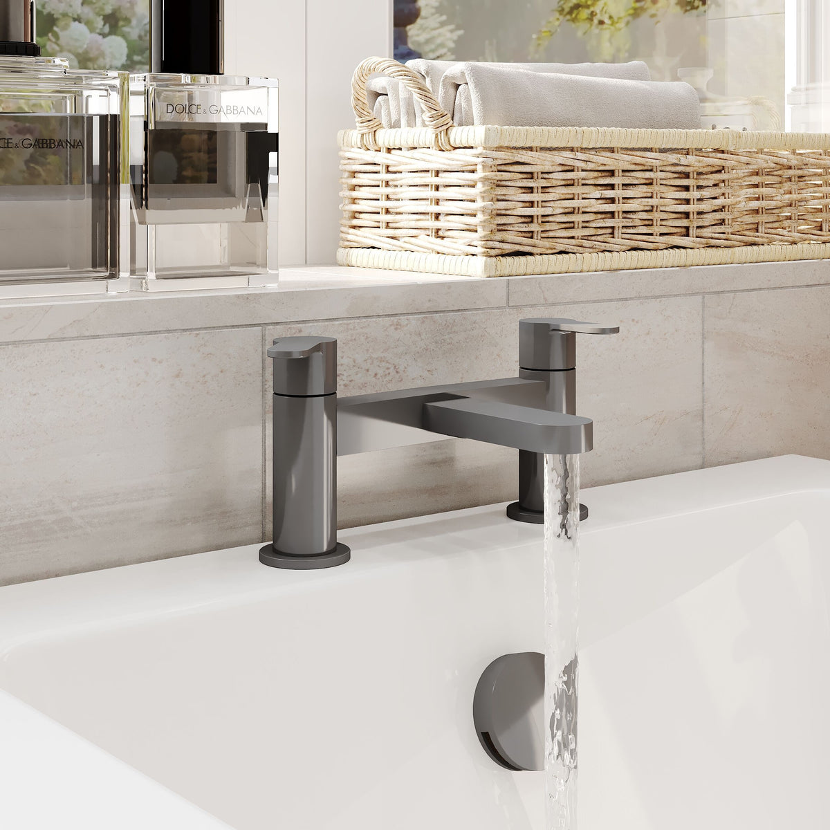 Modern Splash Deck Mounted Brushed Pewter Bath Filler