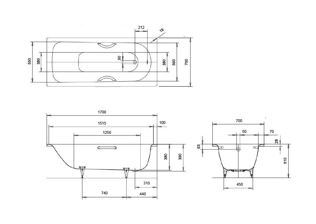 Arley Pro Contract 1700mm 2 Tap Hole Single Ended Steel Bath