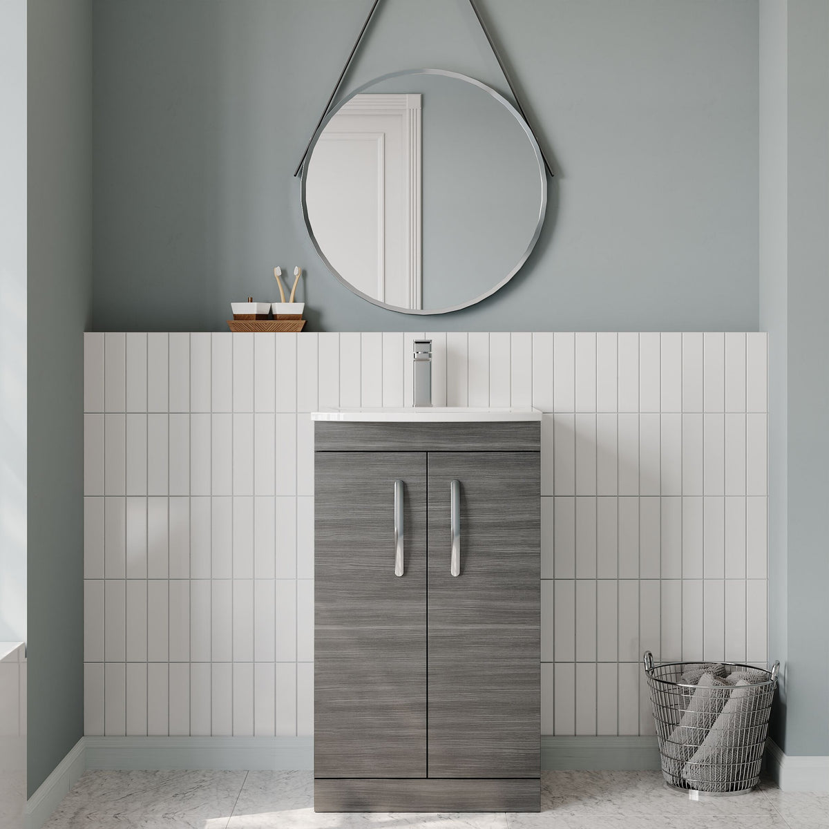 Modern Splash 500mm Anthracite Woodgrain 2 Door Floor Standing Vanity Unit With Curved Basin