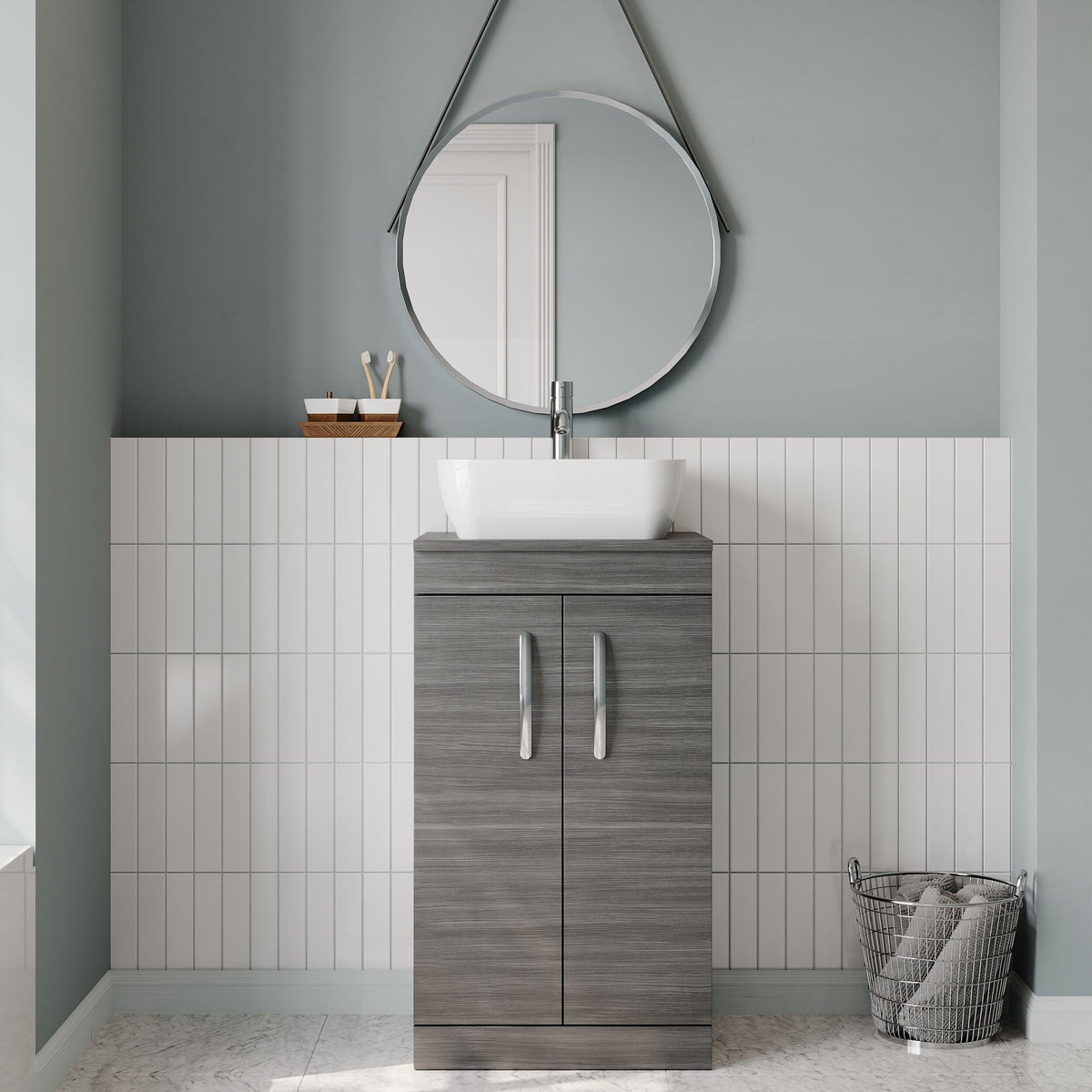Modern Splash 500mm Anthracite Woodgrain 2 Door Floor Standing Vanity Unit With Co-ordinating Worktop