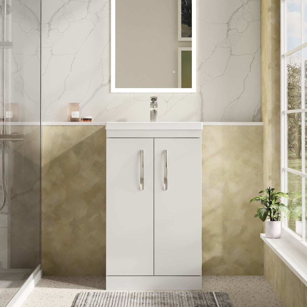 Modern Splash 500mm Gloss White 2 Door Floor Standing Vanity Unit With Co-ordinating Worktop
