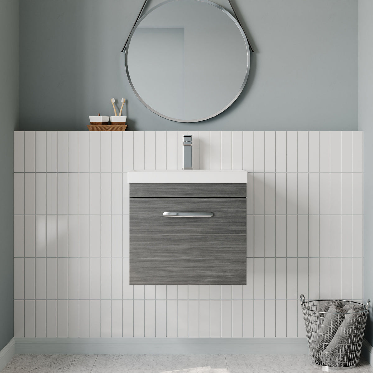 Modern Splash 500mm Anthracite Woodgrain 1 Drawer Wall Hung Vanity Unit With Thin Edge Basin