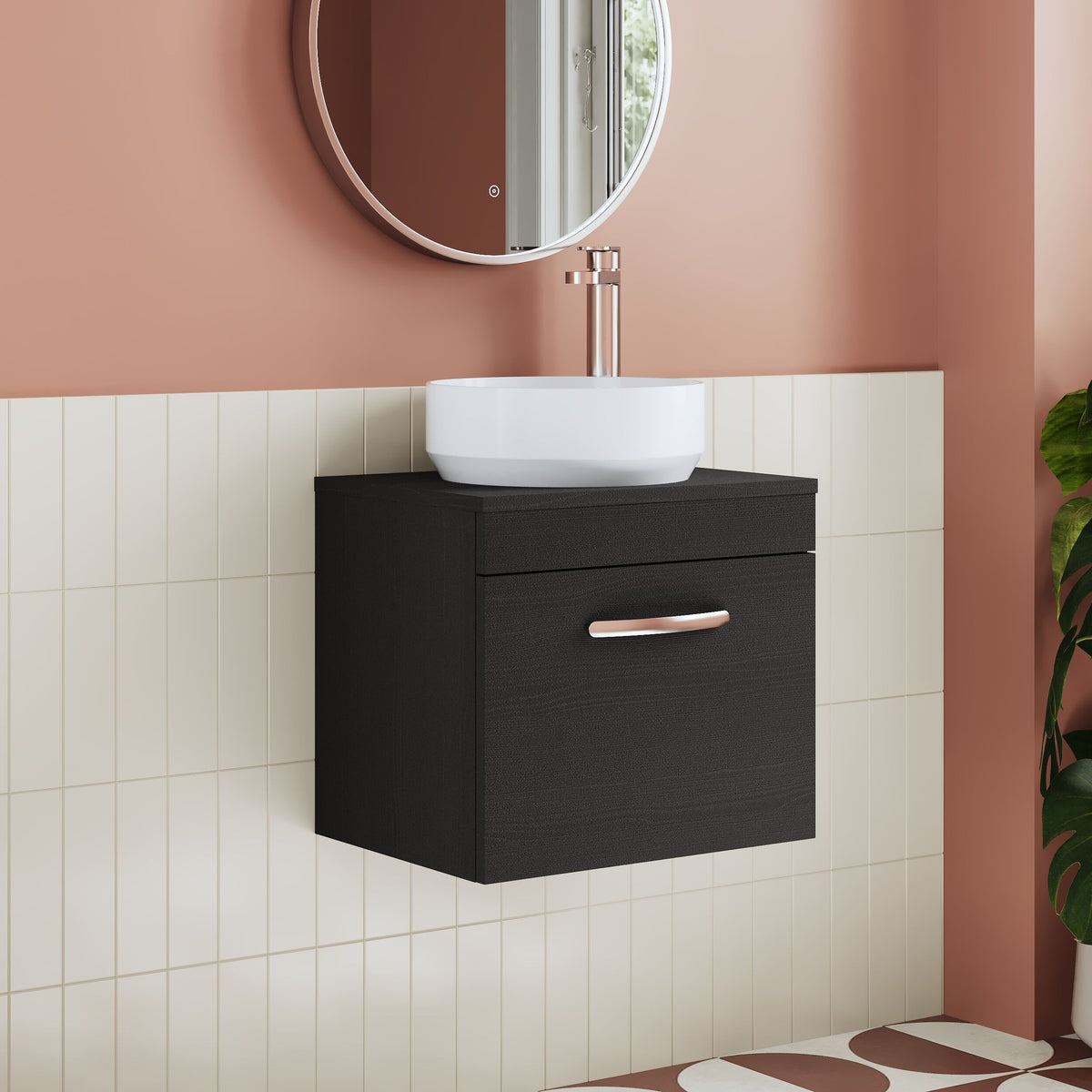 Modern Splash 500mm Charcoal Black 1 Drawer Wall Hung Vanity Unit With Co-ordinating Worktop