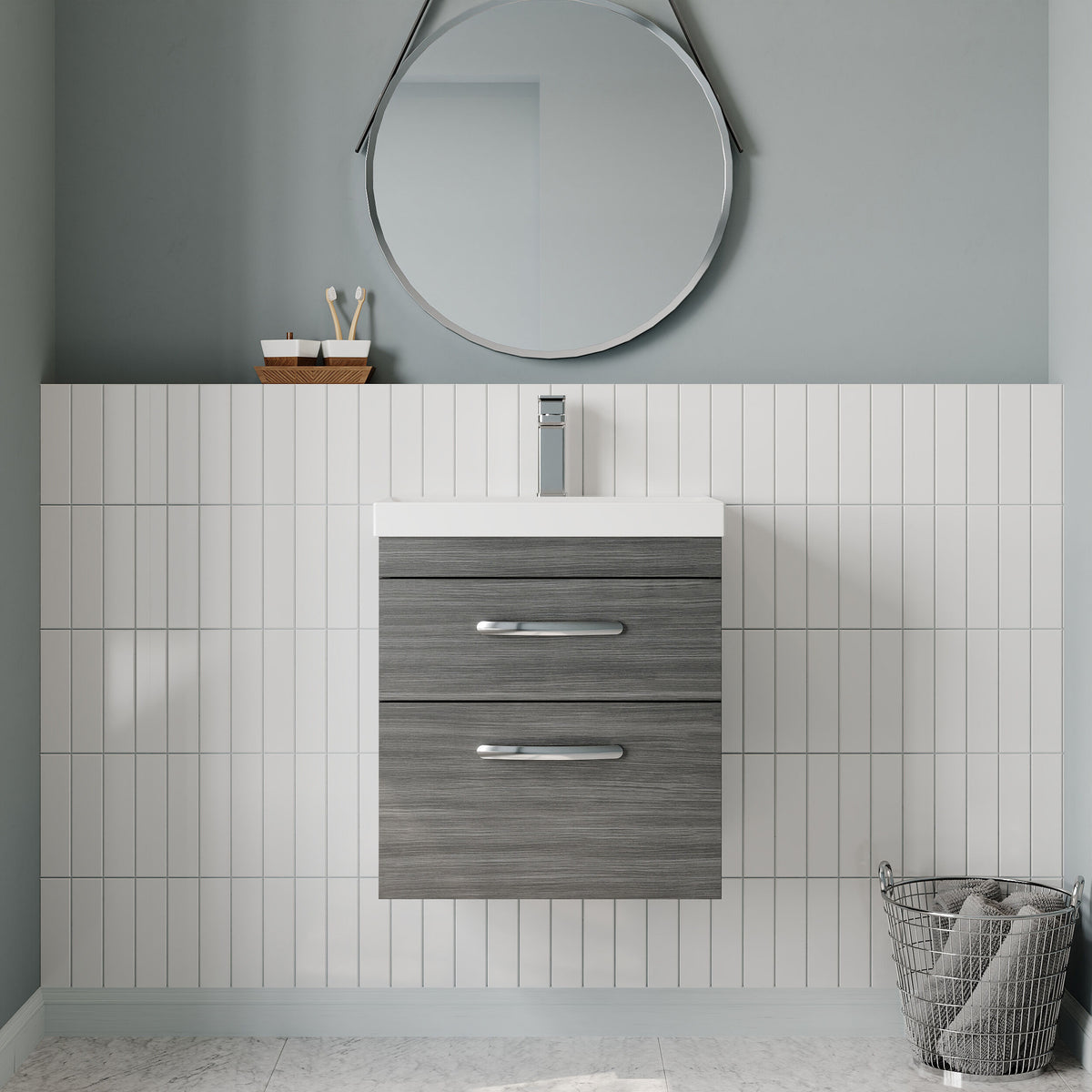 Modern Splash 500mm Anthracite Woodgrain 2 Drawer Wall Hung Vanity Unit With Thin Edge Basin