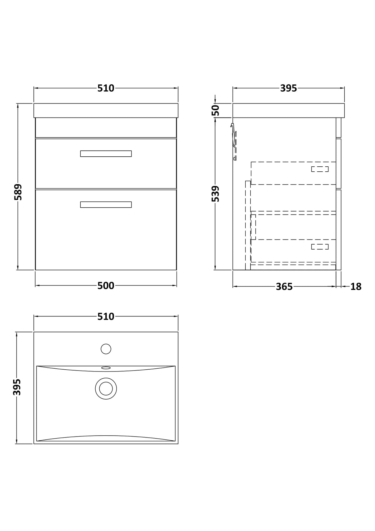 Modern Splash 500mm Charcoal Black 2 Drawer Wall Hung Vanity Unit With Thin Edge Basin
