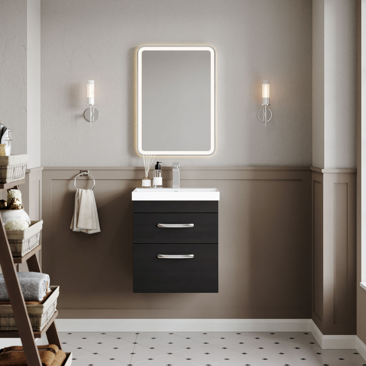 Modern Splash 500mm Charcoal Black 2 Drawer Wall Hung Vanity Unit With Thin Edge Basin