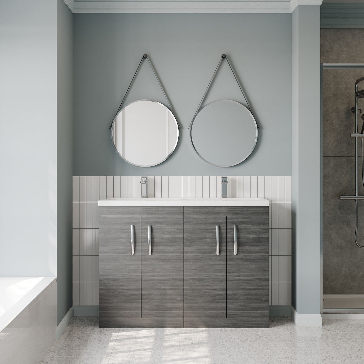 Modern Splash 1200mm Anthracite Woodgrain 4 Door Floor Standing Cabinet With 2 Tap Hole Ceramic Basin