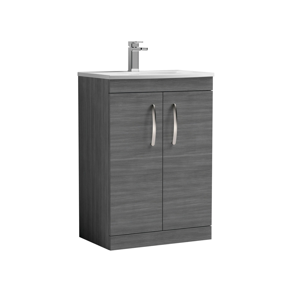 Modern Splash 600mm Anthracite Woodgrain 2 Door Floor Standing Vanity Unit With Curved Basin