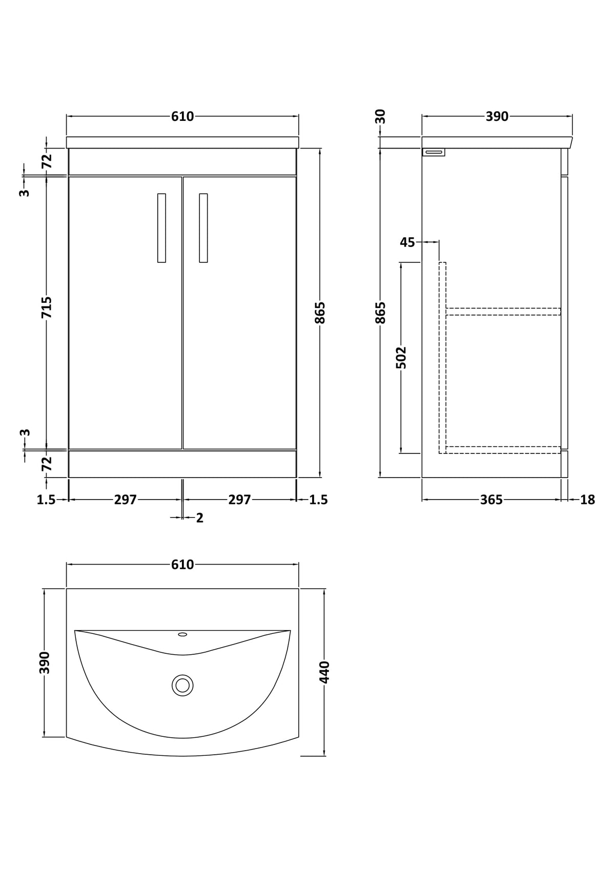 Modern Splash 600mm Anthracite Woodgrain 2 Door Floor Standing Vanity Unit With Curved Basin