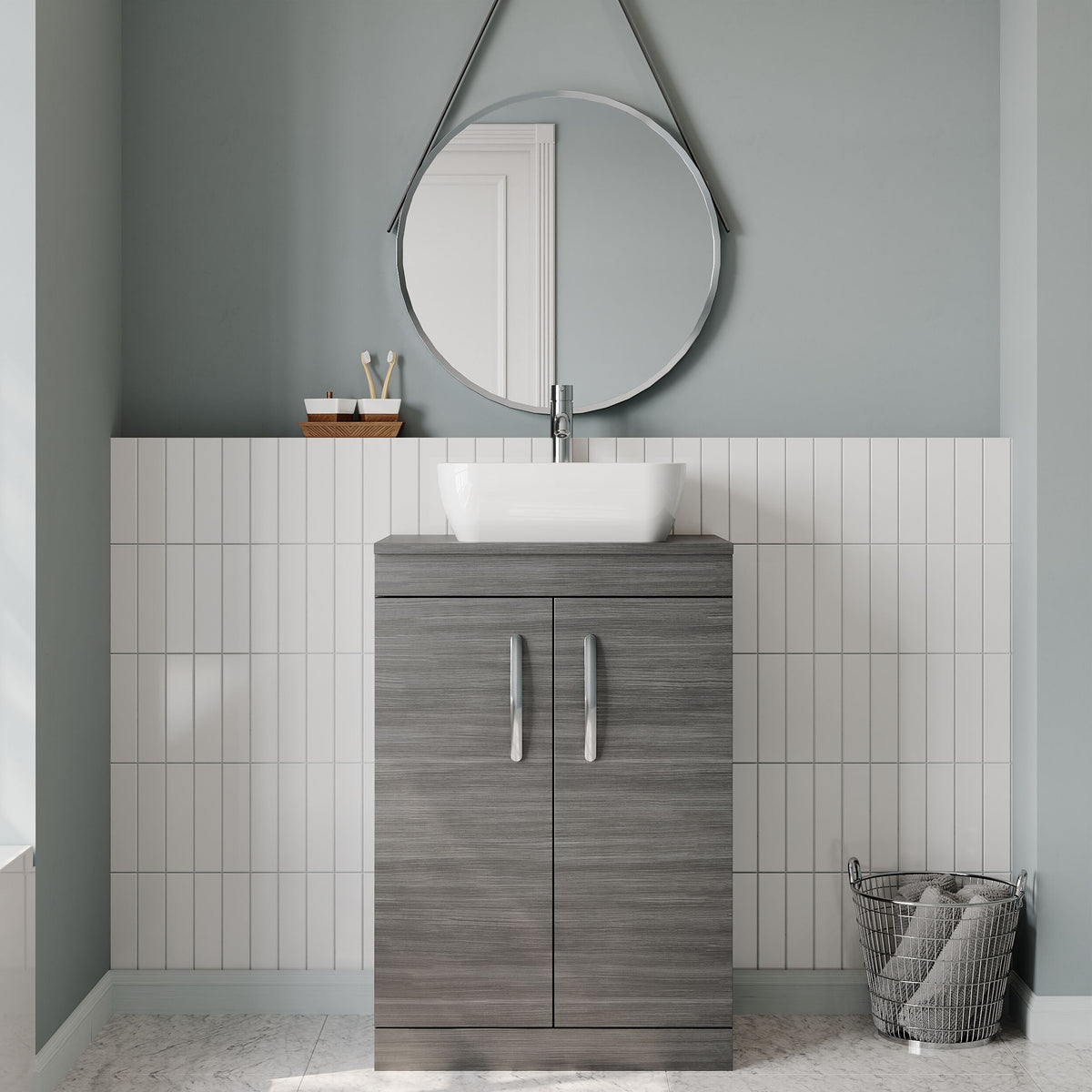Modern Splash 600mm Anthracite Woodgrain 2 Door Floor Standing Vanity Unit With Co-ordinating Worktop