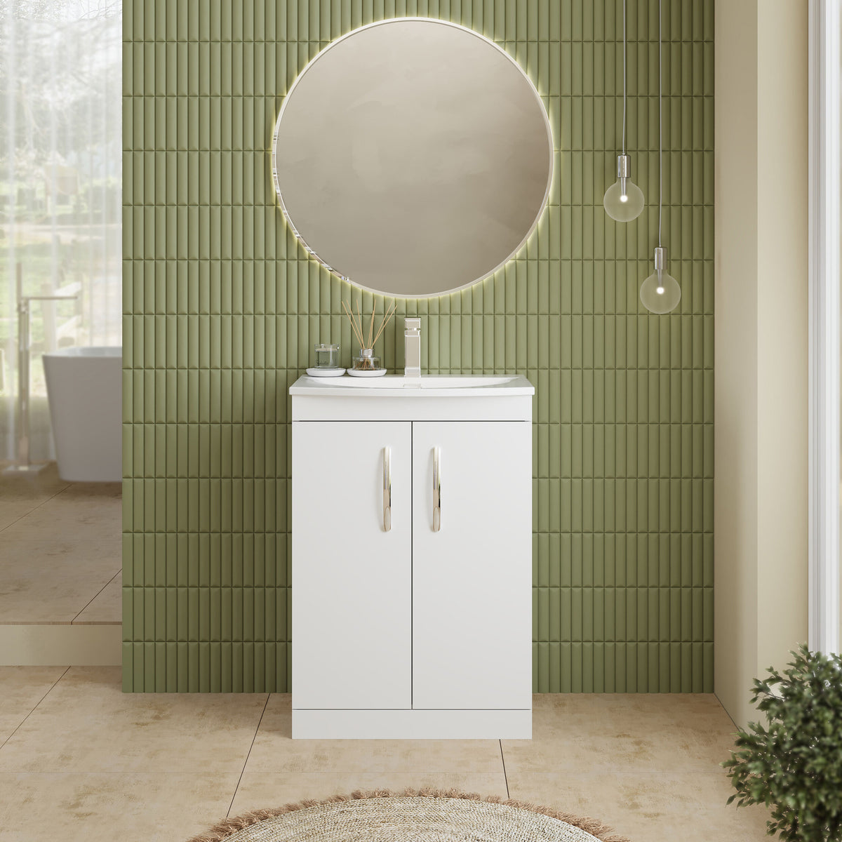 Modern Splash 600mm Gloss White 2 Door Floor Standing Vanity Unit With Curved Basin