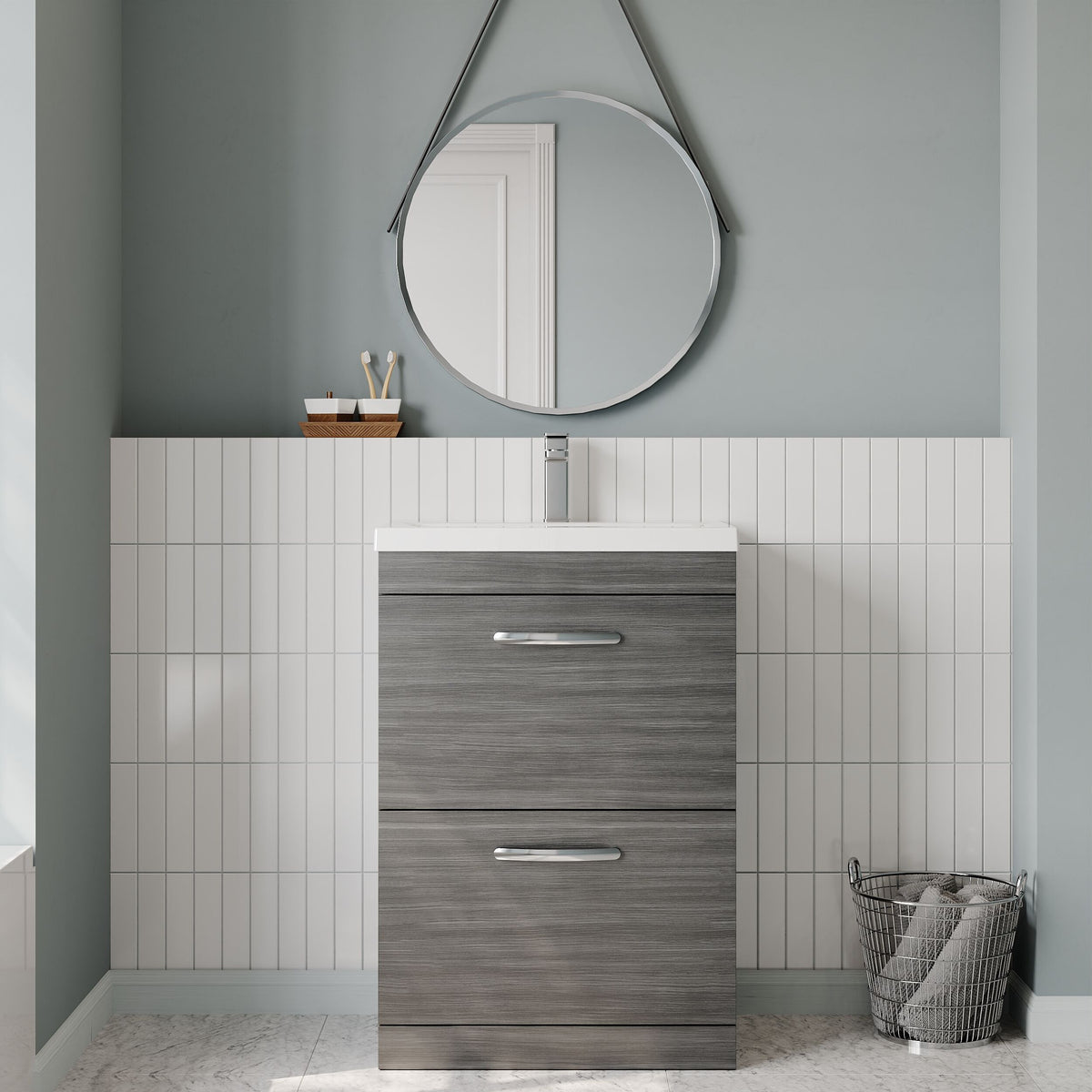 Modern Splash 600mm Anthracite Woodgrain 2 Drawer Floor Standing Vanity Unit With Mid-Edge Basin