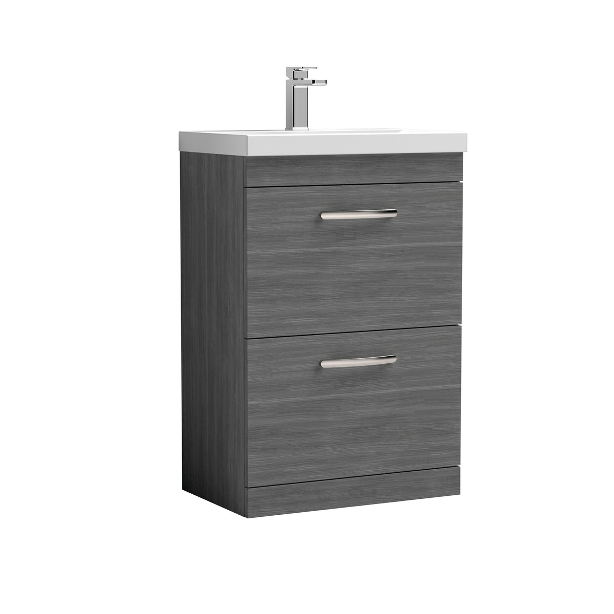 Modern Splash 600mm Anthracite Woodgrain 2 Drawer Floor Standing Vanity Unit With Thin Edge Basin
