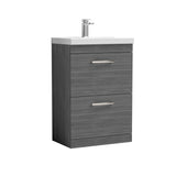 Modern Splash 600mm Anthracite Woodgrain 2 Drawer Floor Standing Vanity Unit With Thin Edge Basin