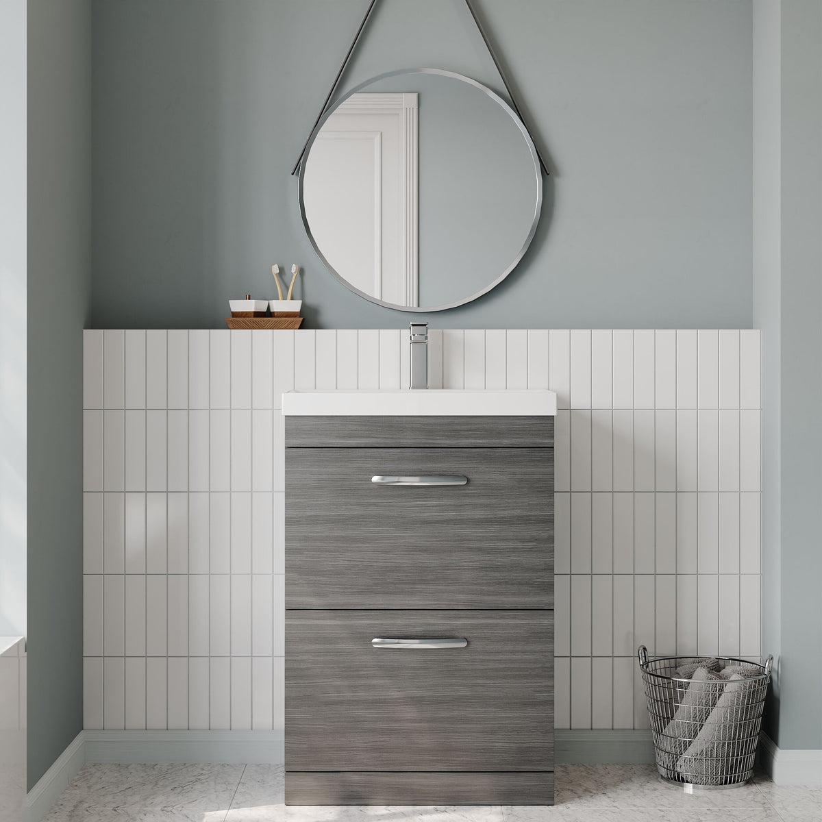 Modern Splash 600mm Anthracite Woodgrain 2 Drawer Floor Standing Vanity Unit With Thin Edge Basin