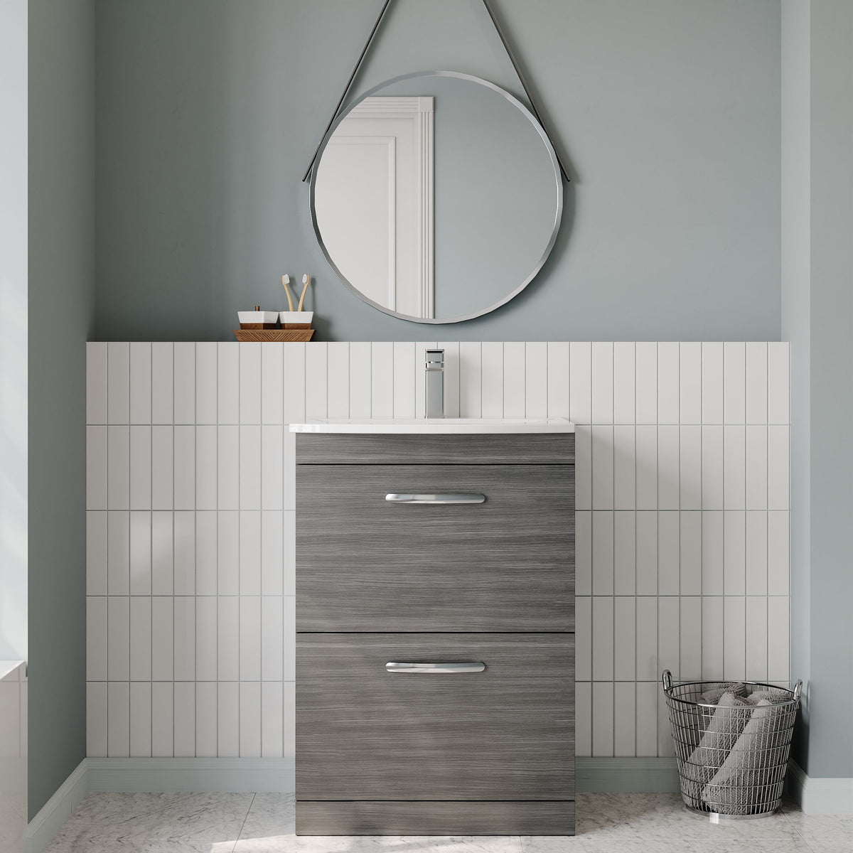 Modern Splash 600mm Anthracite Woodgrain 2 Drawer Floor Standing Vanity Unit With Curved Basin