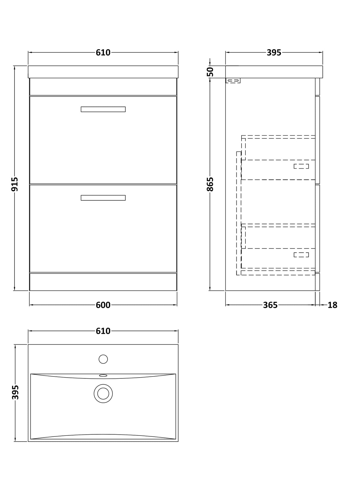 Modern Splash 600mm Charcoal Black 2 Drawer Floor Standing Vanity Unit With Thin Edge Basin