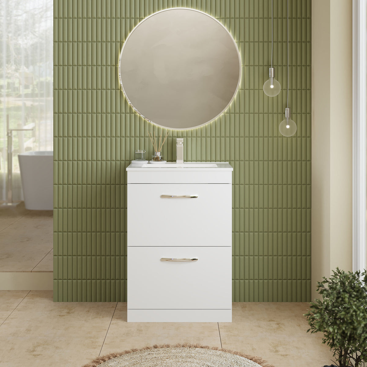 Modern Splash 600mm Gloss White 2 Drawer Floor Standing Vanity Unit With Minimalist Basin