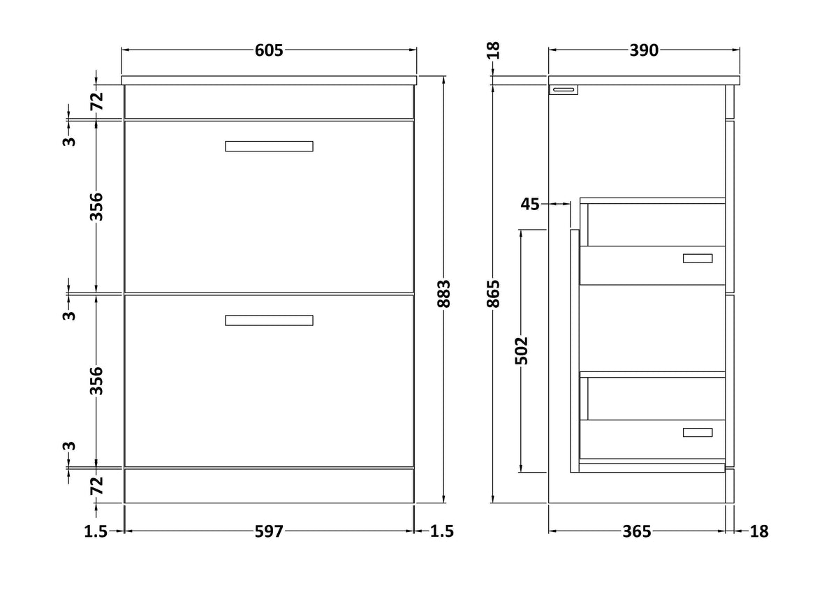 Modern Splash 600mm Gloss White 2 Drawer Floor Standing Vanity Unit With Co-ordinating Worktop