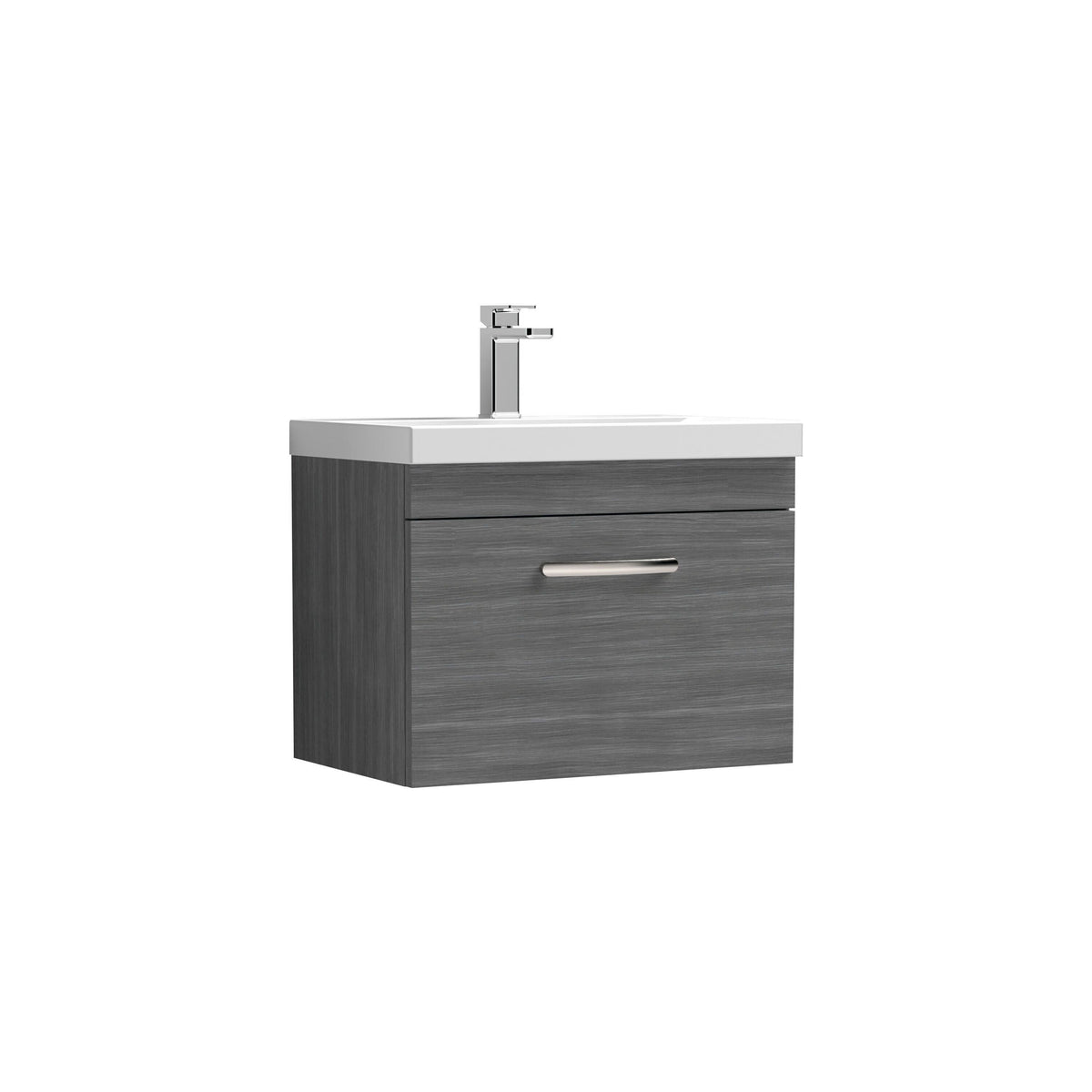 Modern Splash 600mm Anthracite Woodgrain 1 Drawer Wall Hung Vanity Unit With Thin Edge Basin