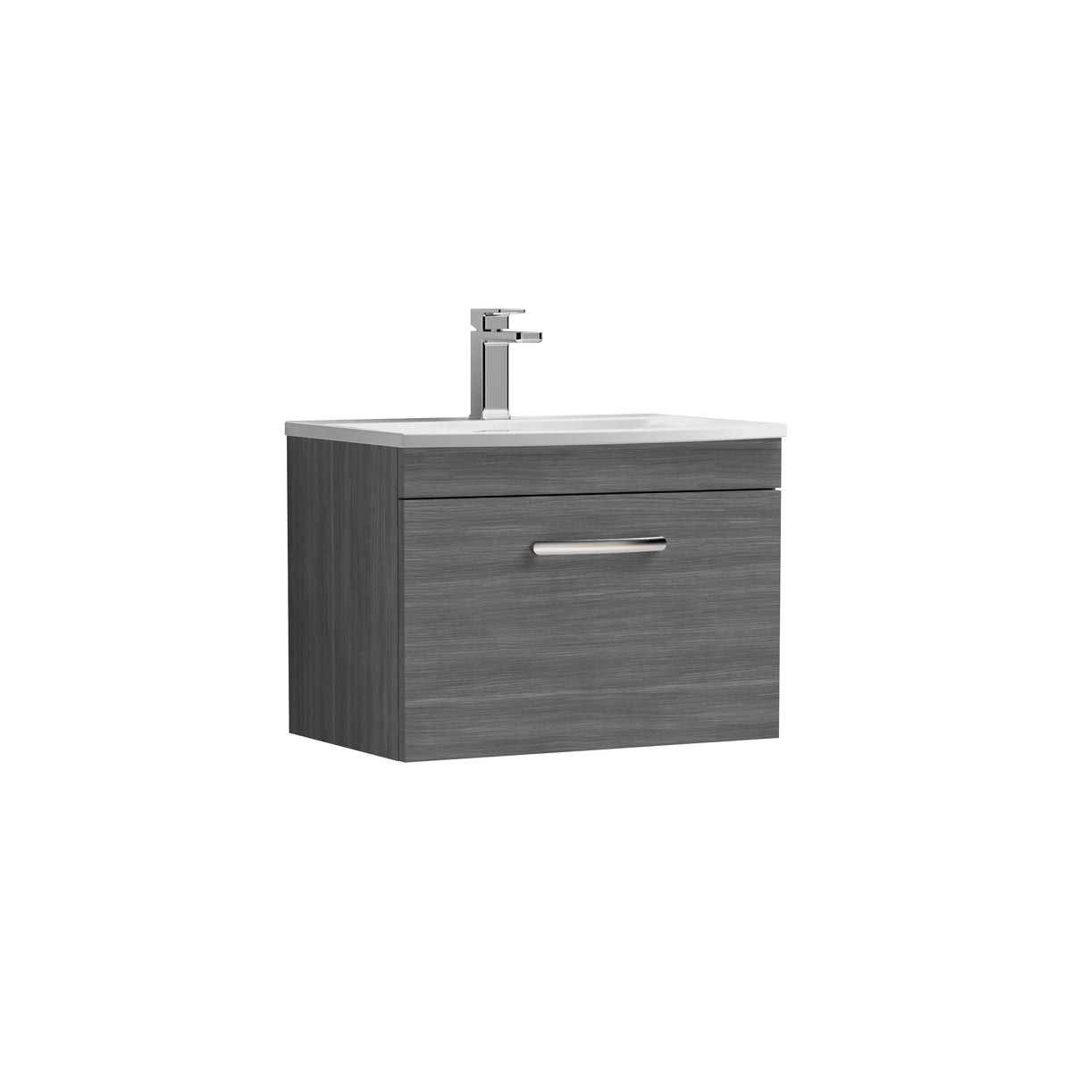 Modern Splash 600mm Anthracite Woodgrain 1 Drawer Wall Hung Vanity Unit With Curved Basin