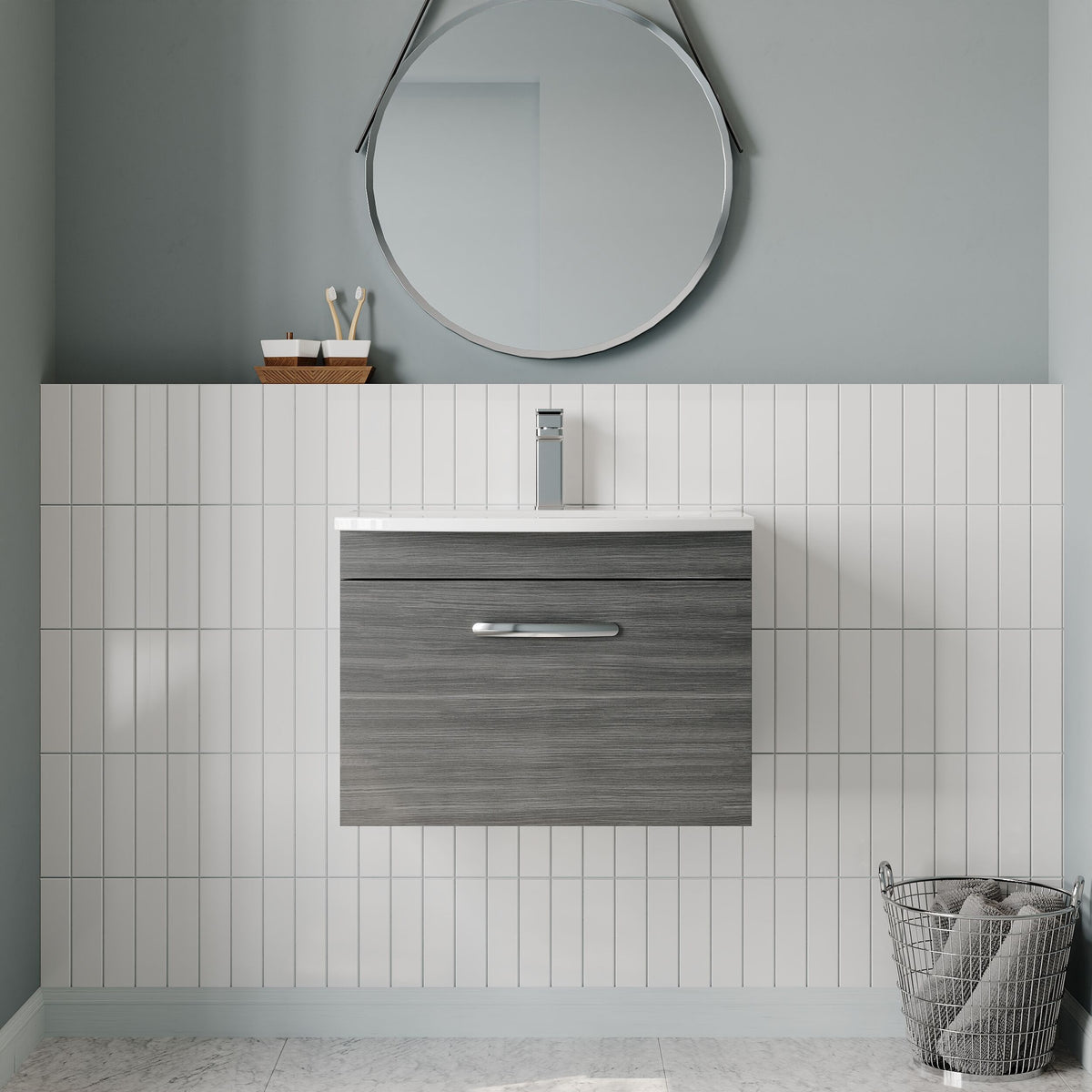 Modern Splash 600mm Anthracite Woodgrain 1 Drawer Wall Hung Vanity Unit With Curved Basin
